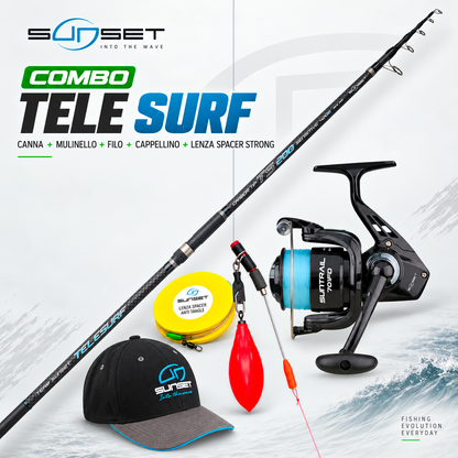 Combo Surfcasting Sunset TeleSurf TS200 + Suntrail SWF – Canna + Mulinello + Omaggi