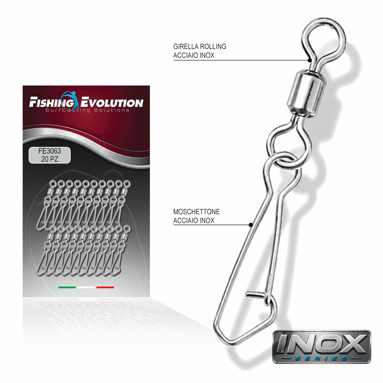 Girella Inox con Moschettone Hooked Snap Fishing Evolution (3063) – Busta 20 pz