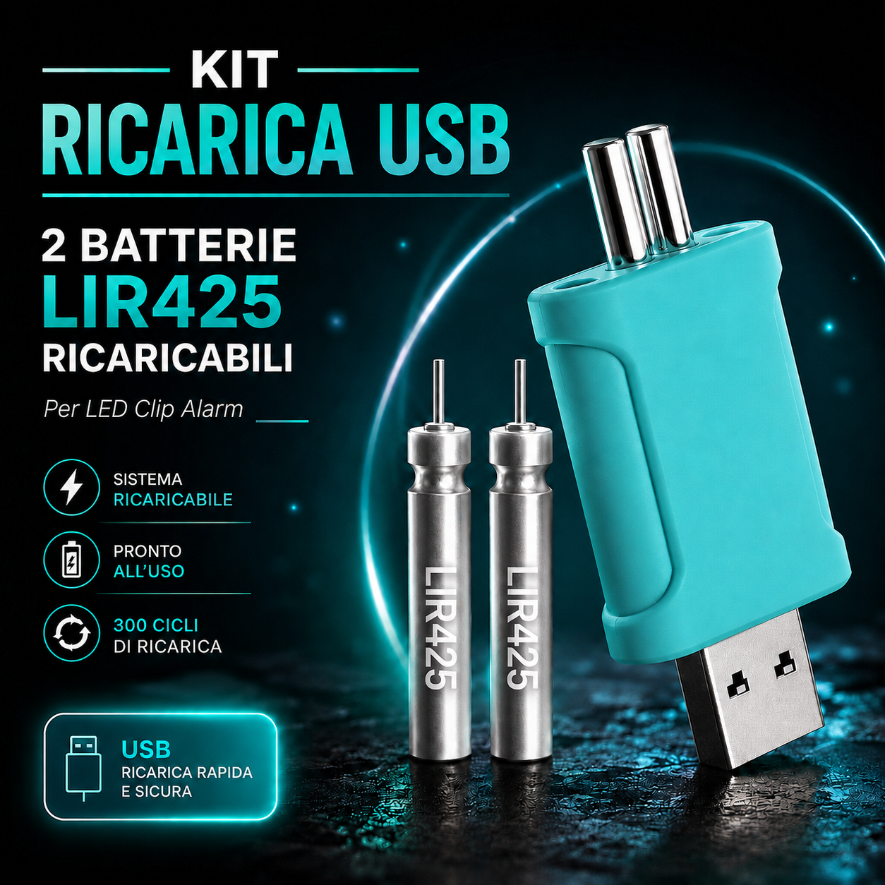Kit Ricarica USB per LED Clip Alarm – Pennetta + 2 Batterie Ricaricabili LIR425